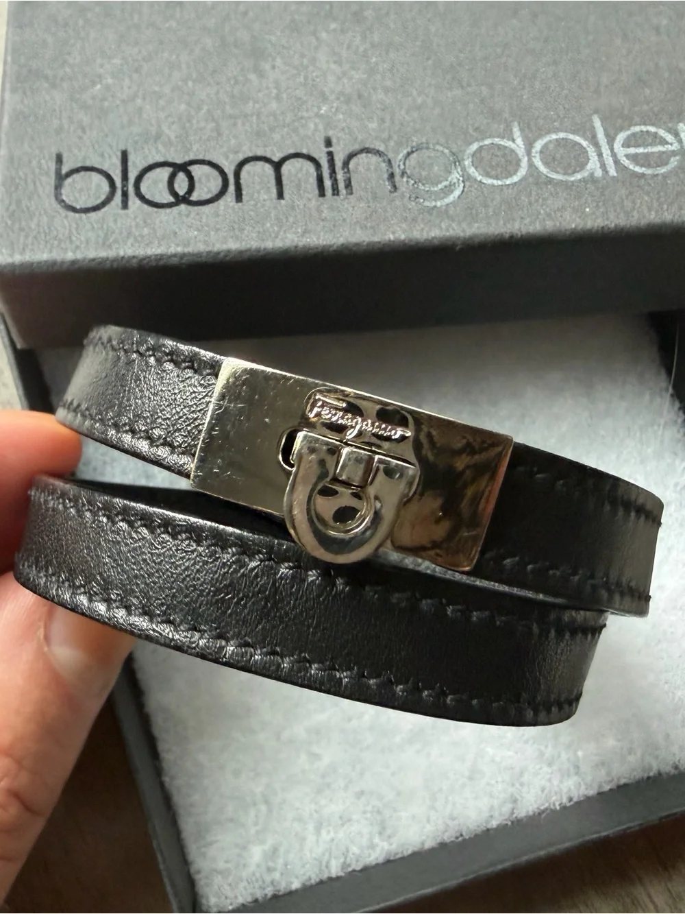 Ferragamo Black Leather Wrap Bracelet with Silver Clasp